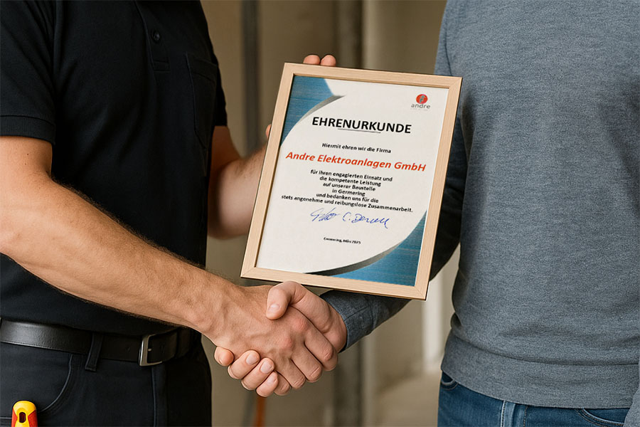 Feierliche Urkundenübergabe auf der Baustelle: Auszeichnung für Andre Elektroanlagen GmbH